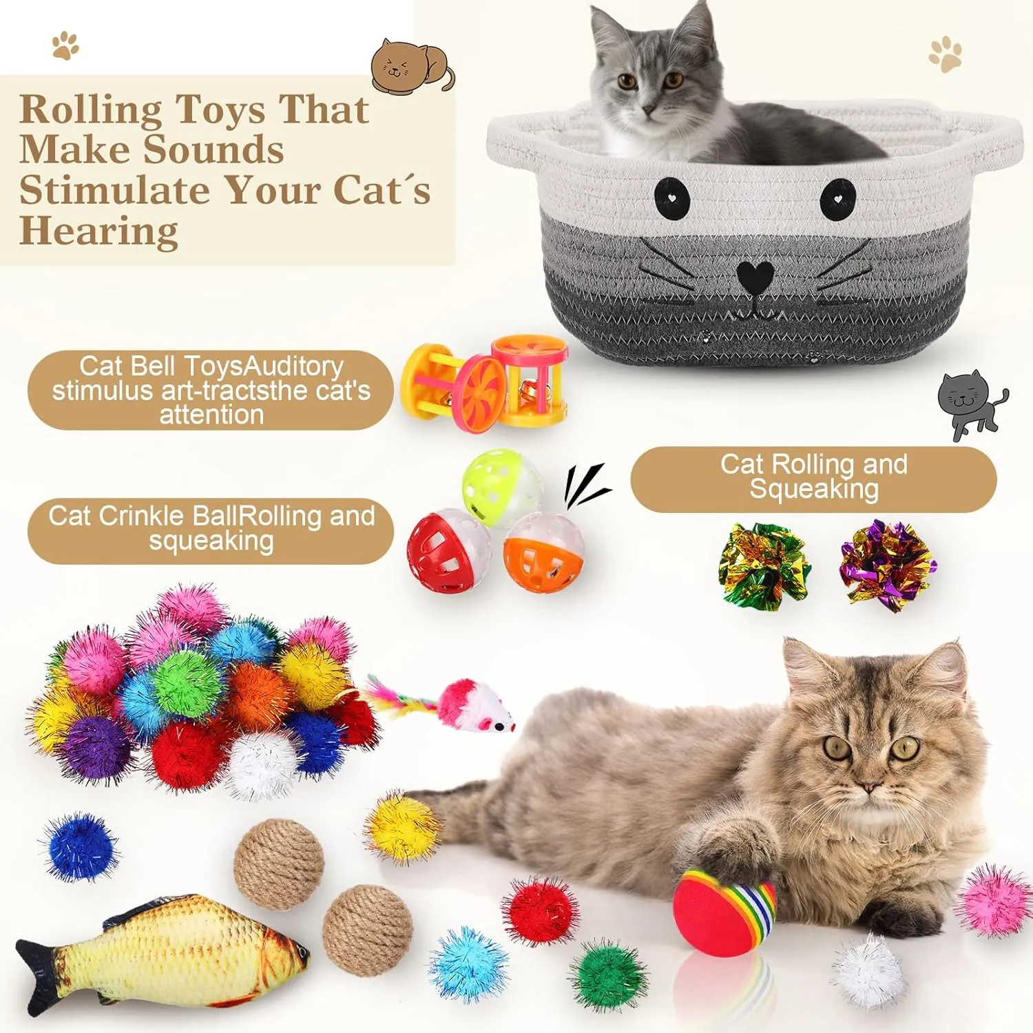 Zopeal 58 Pcs Cat Storage Basket Gift Toys Set, Colorful Flashing Balls Pet Bell Crinkle Balls Spring Toys Attract Cat to Swat, Bite, Hunt, Interactive for Pet(Multicolor)