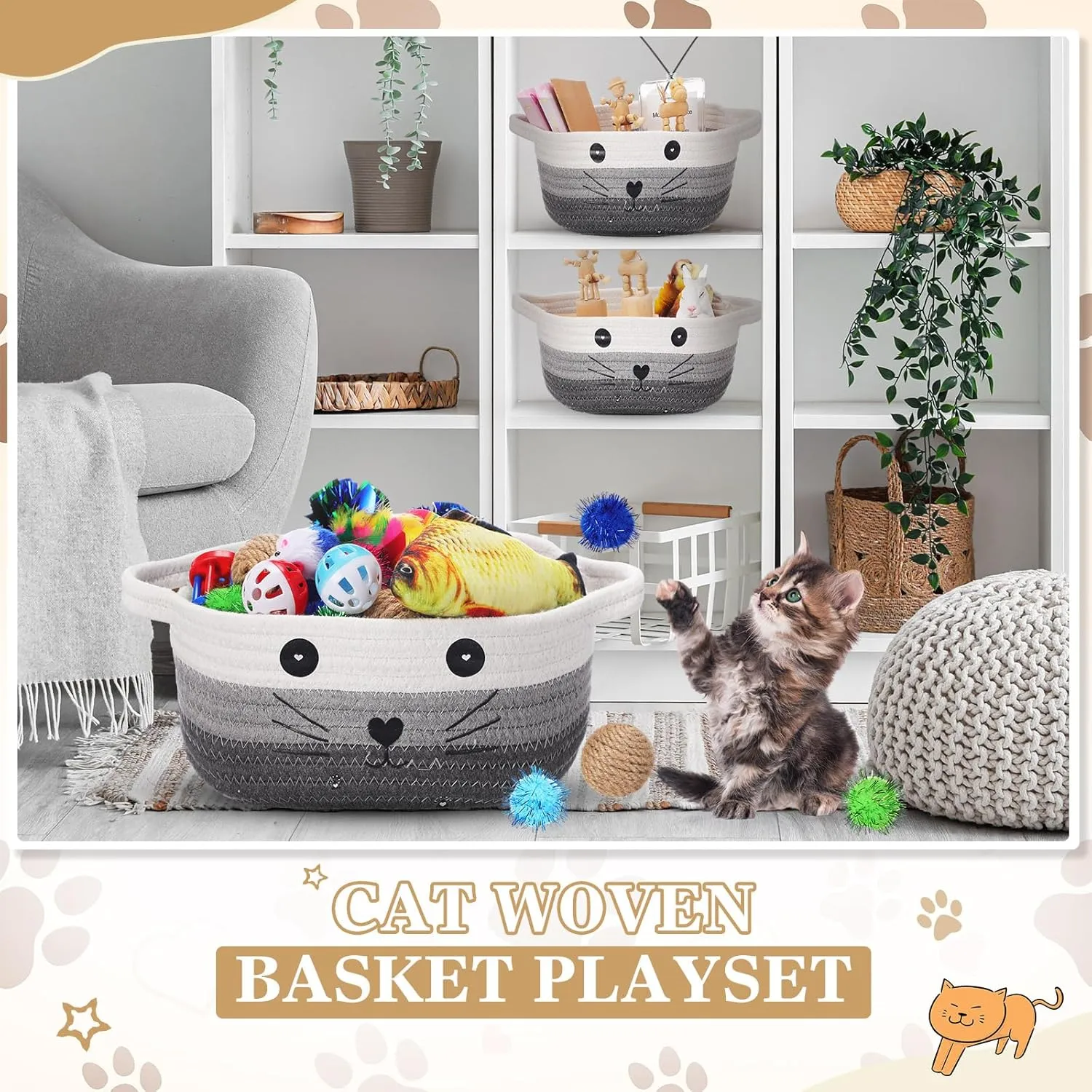Zopeal 58 Pcs Cat Storage Basket Gift Toys Set, Colorful Flashing Balls Pet Bell Crinkle Balls Spring Toys Attract Cat to Swat, Bite, Hunt, Interactive for Pet(Multicolor)