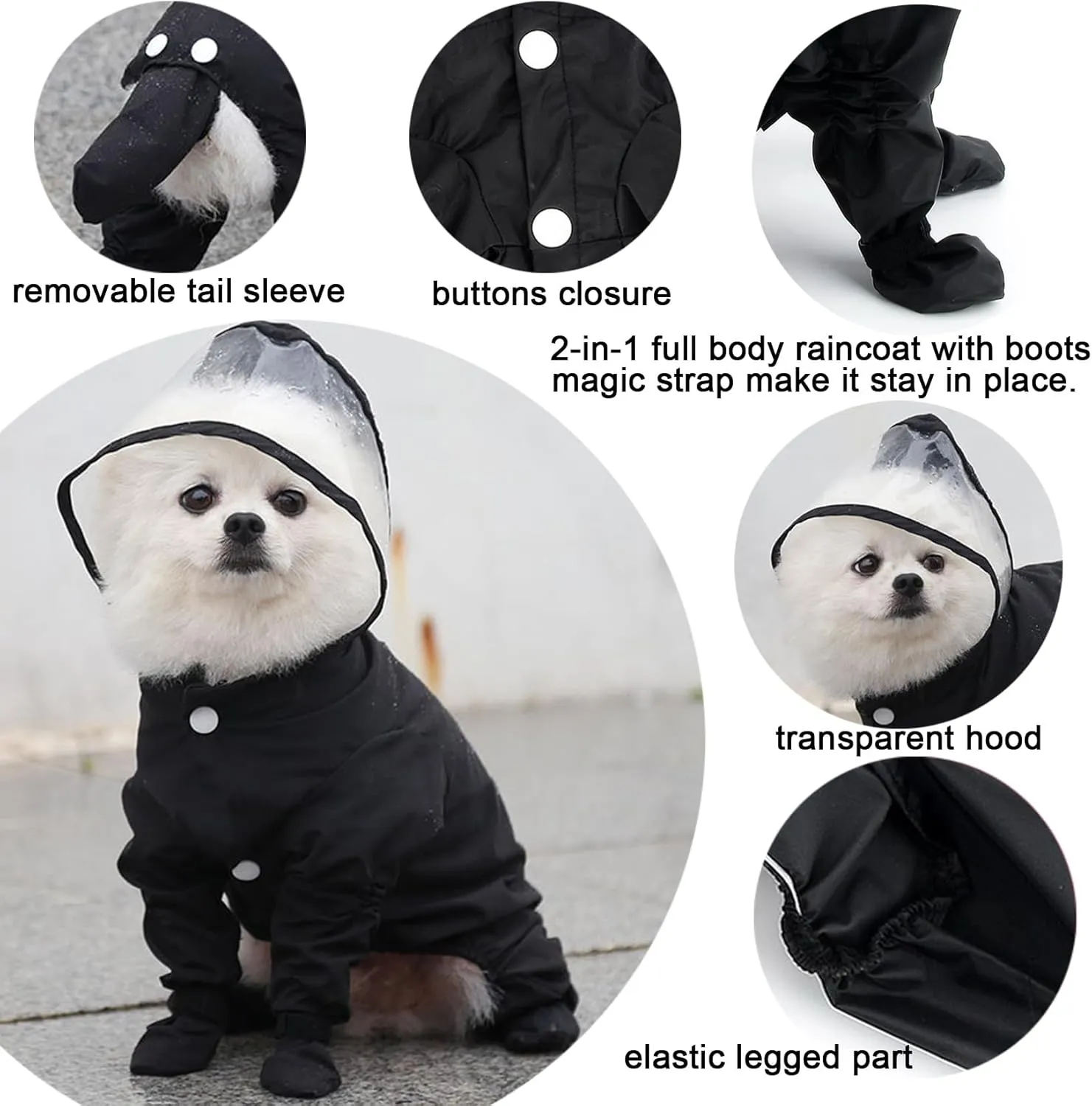 Zunea Waterproof Dog Raincoat with Hood for Small Dogs Rain Poncho Jumpsuit with Rain Boots Puppy Hooded Slicker Rainwear Four-Legged Pet Rain Jacket for Walking Black M