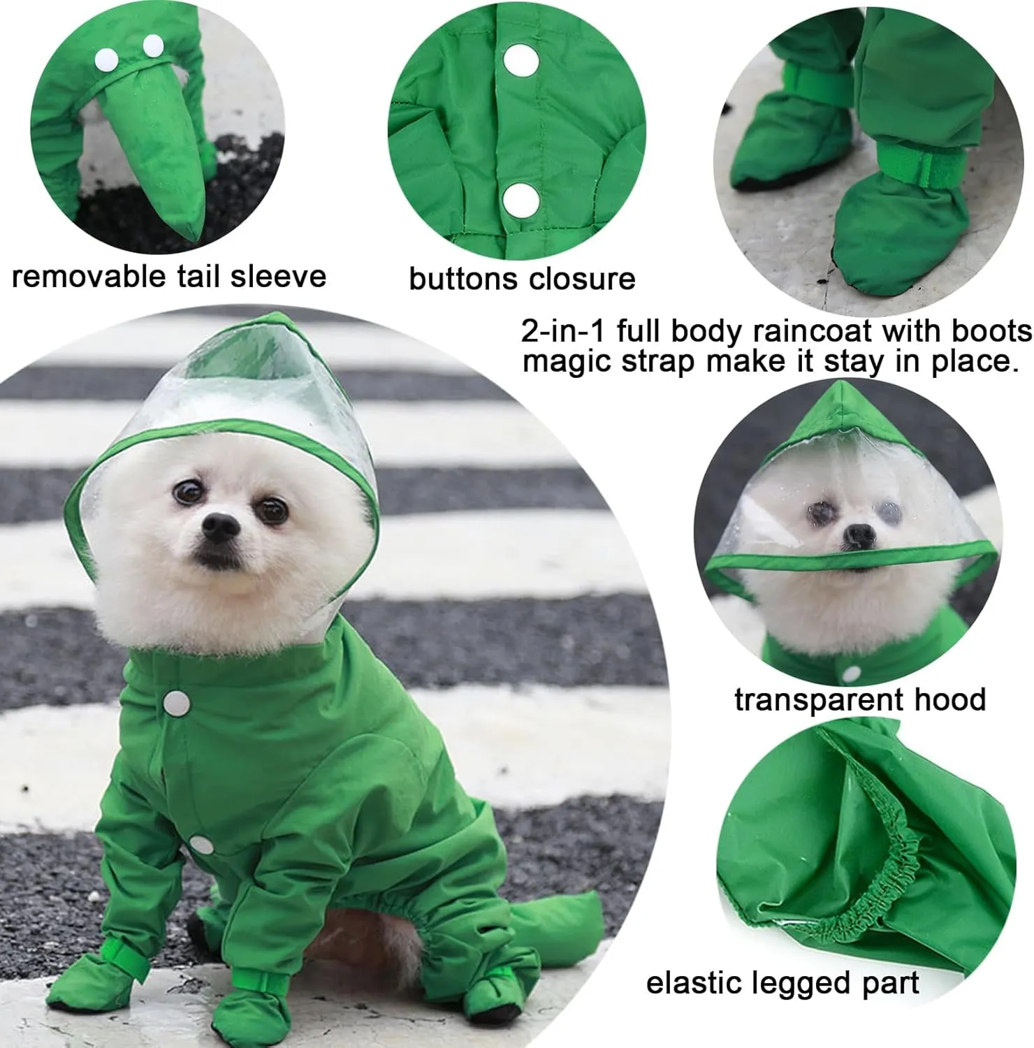 Zunea Waterproof Dog Raincoat with Hood for Small Dogs Rain Poncho Jumpsuit with Rain Boots Puppy Hooded Slicker Rainwear Four-Legged Pet Rain Jacket for Walking Green M