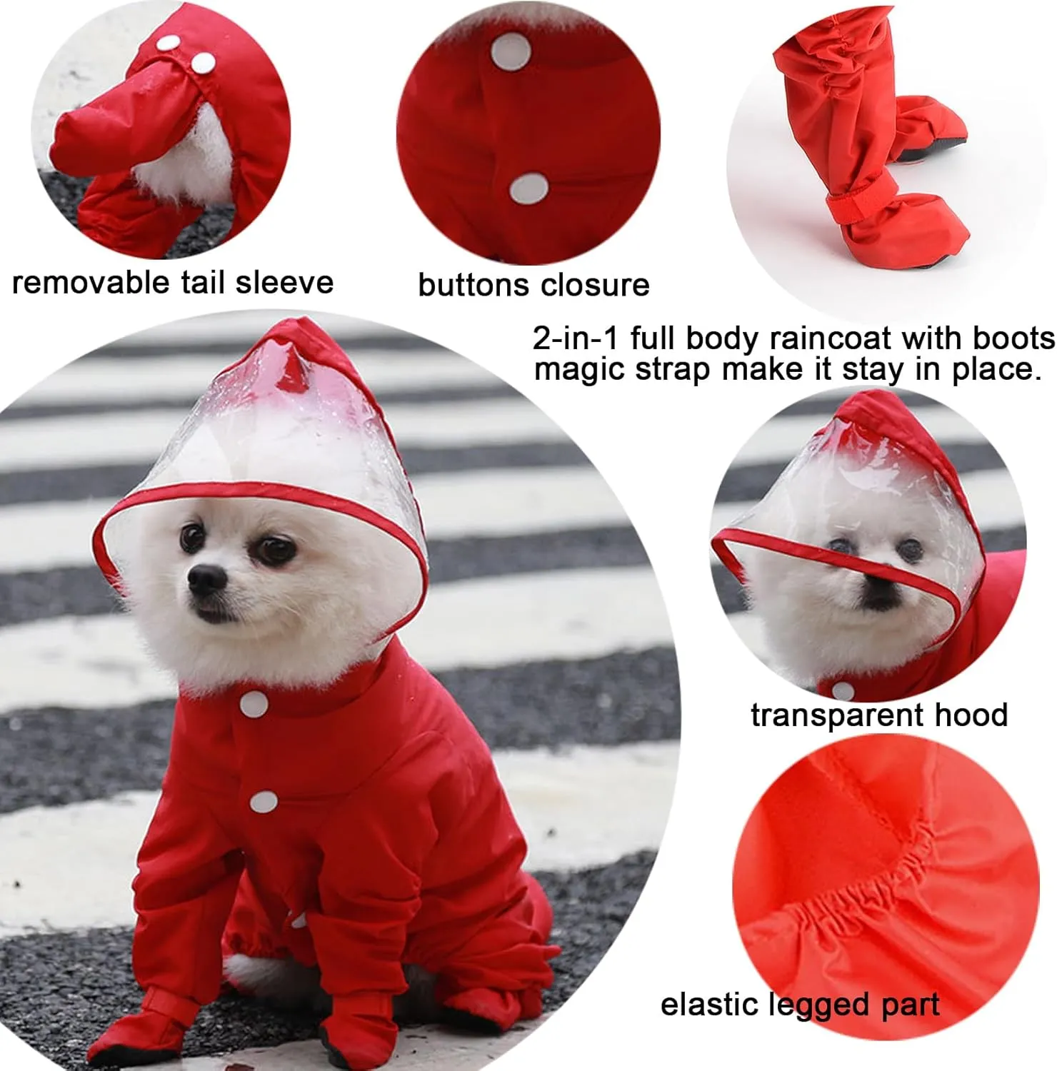 Zunea Waterproof Dog Raincoat with Hood for Small Dogs Rain Poncho Jumpsuit with Rain Boots Puppy Hooded Slicker Rainwear Four-Legged Pet Rain Jacket for Walking Red M